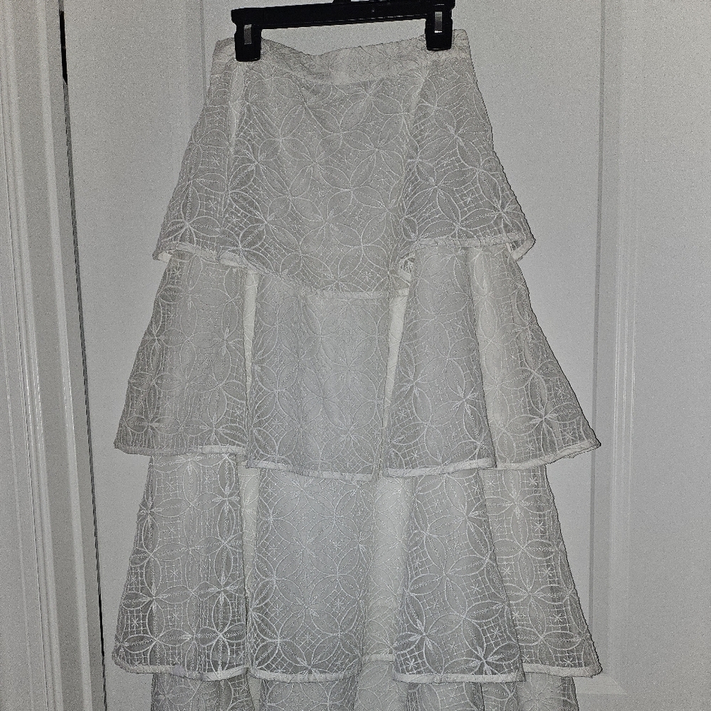 Anthropologie White Lace Tiered Maxi Skirt